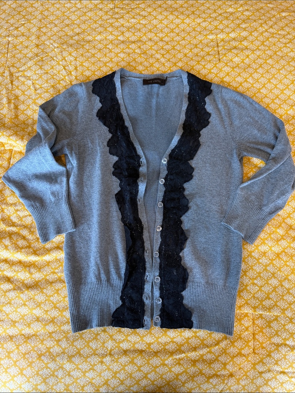 The Limited Gray Cardigan with Black Lace Trim